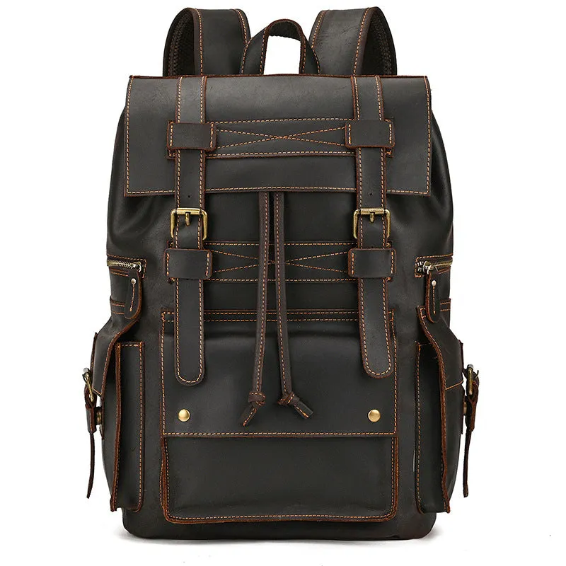 Popular Retro Men's Backpack Crazy Horse Leather Backpack Multi-Functional Cowhide Schoolbag Large Capacity Shiralee Travel Bag