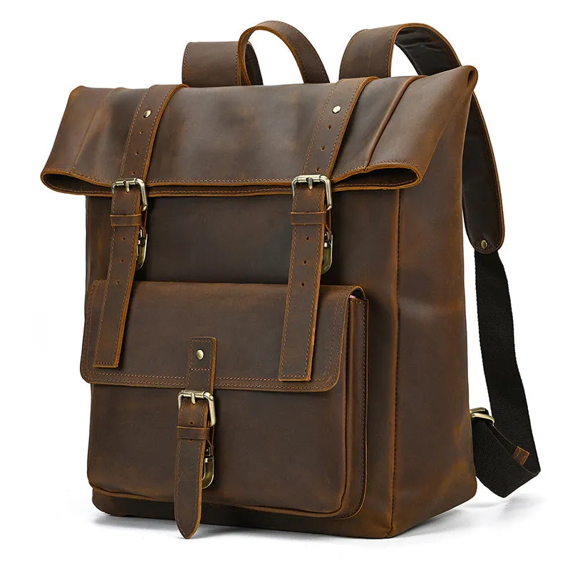 Popular Retro Men's Backpack Crazy Horse Leather Backpack Multi-Functional Cowhide Schoolbag Large Capacity Shiralee Travel Bag