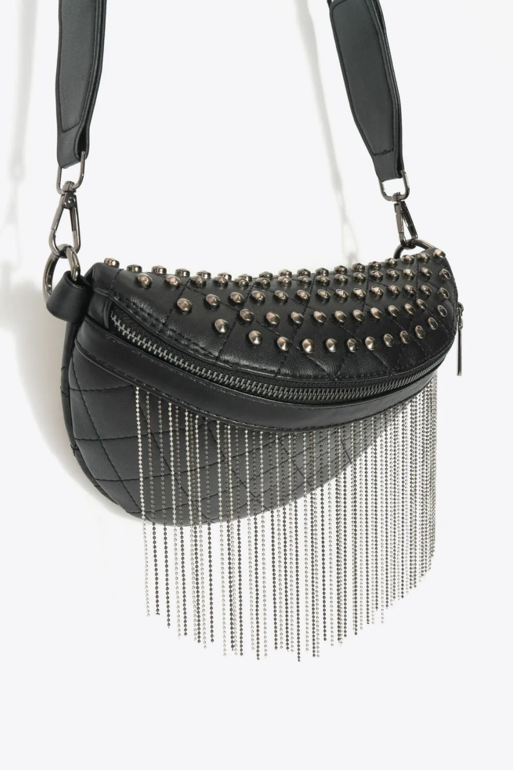 PU Leather Studded Sling Bag with Fringes