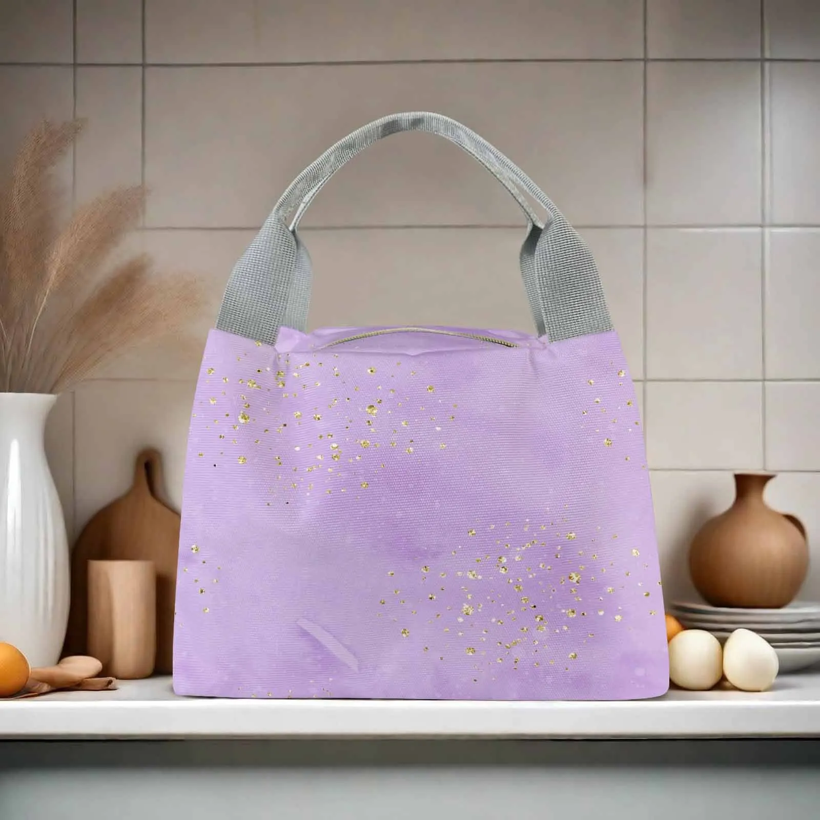 Purple  Portable Lunch Bag-Grey Handle