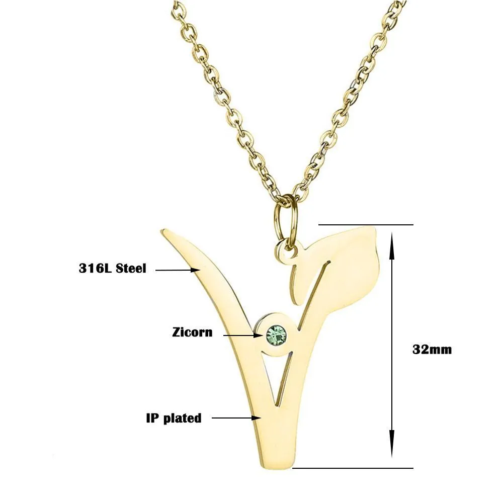 "V" Stainless Steel Pendant with Green Stone, Rose, White or Yellow Gold Plated