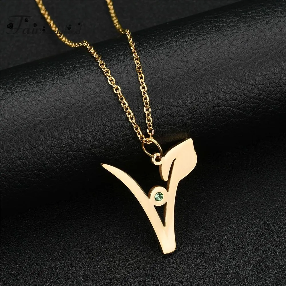 "V" Stainless Steel Pendant with Green Stone, Rose, White or Yellow Gold Plated