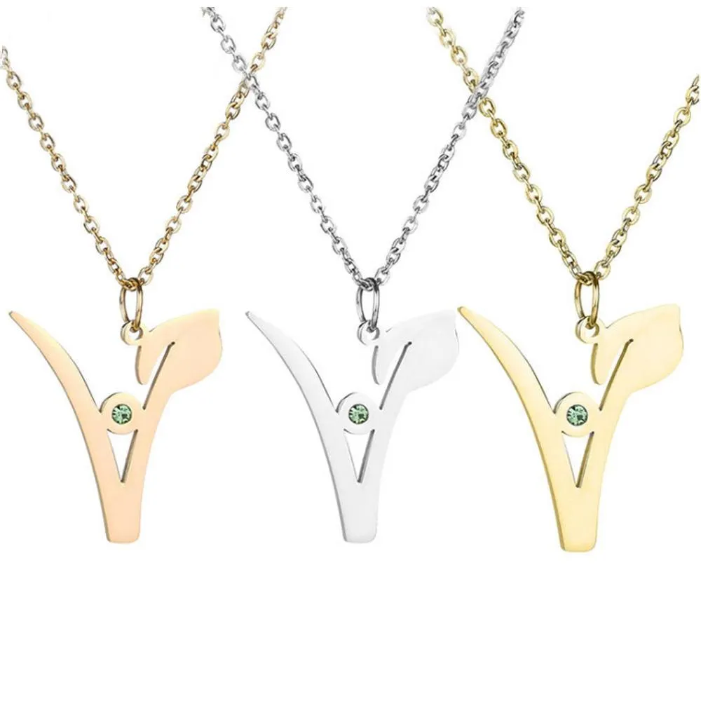 "V" Stainless Steel Pendant with Green Stone, Rose, White or Yellow Gold Plated