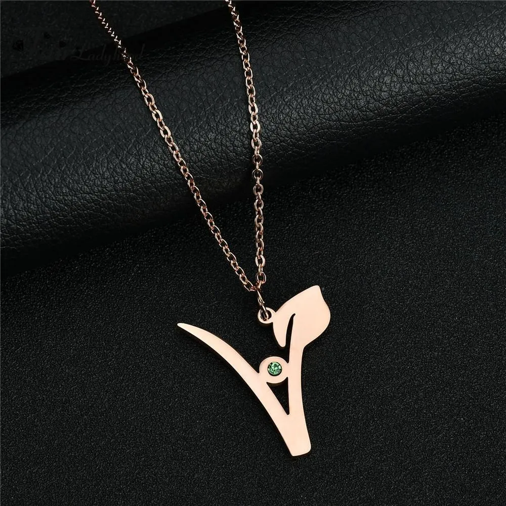 "V" Stainless Steel Pendant with Green Stone, Rose, White or Yellow Gold Plated