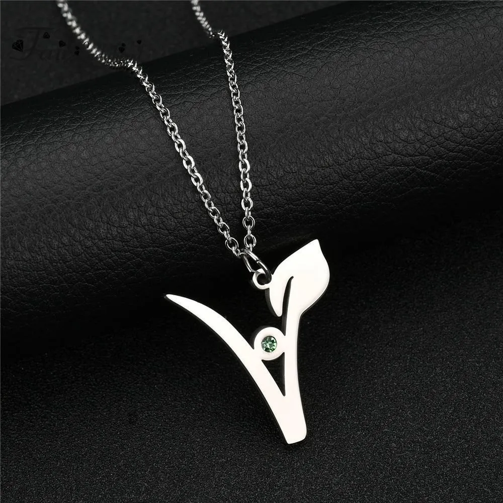 "V" Stainless Steel Pendant with Green Stone, Rose, White or Yellow Gold Plated