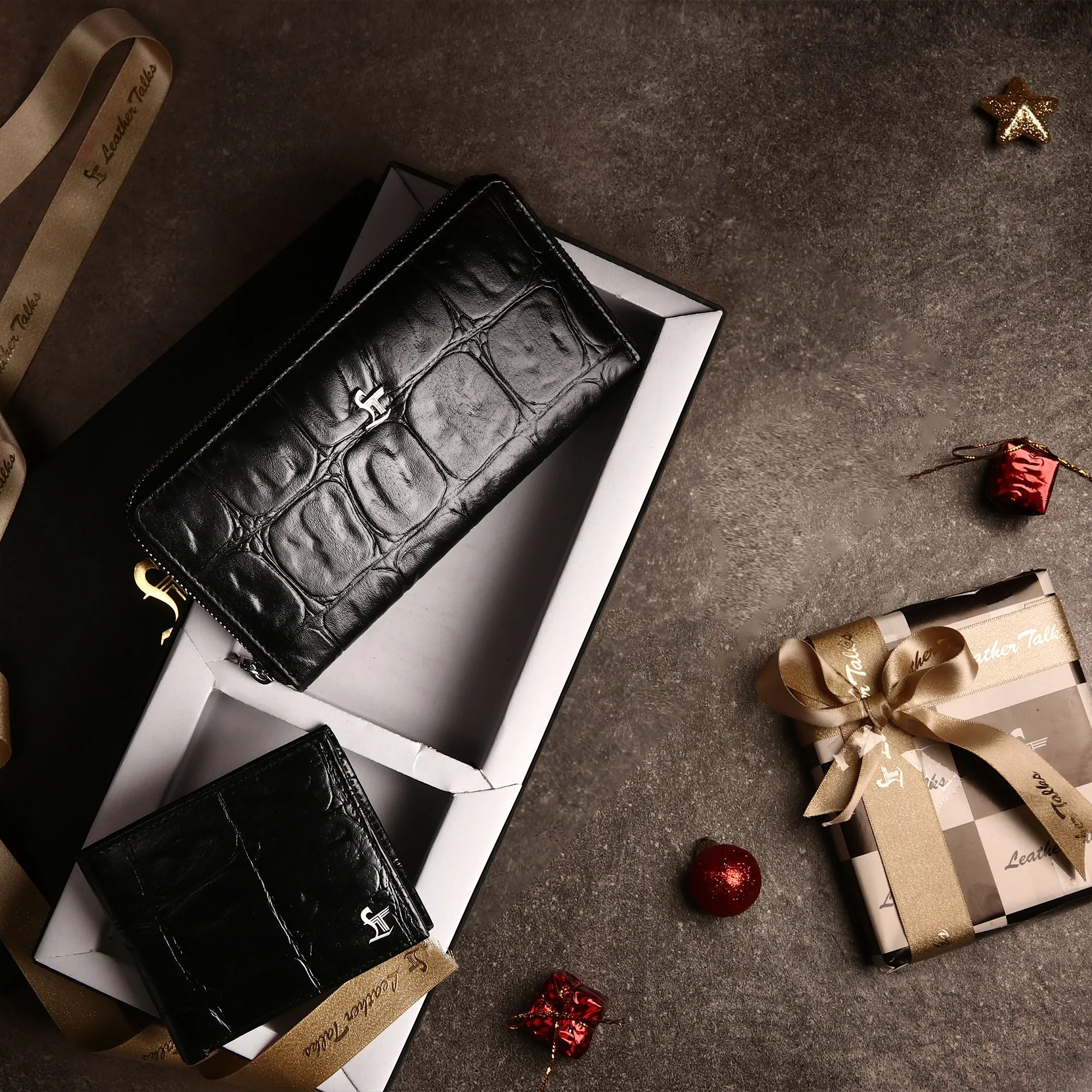 Ready to Ship Luxury Corporate Gift- Great Dane | Genuine Leather Couple Wallet Gift Set | Colour: Croco Print Black