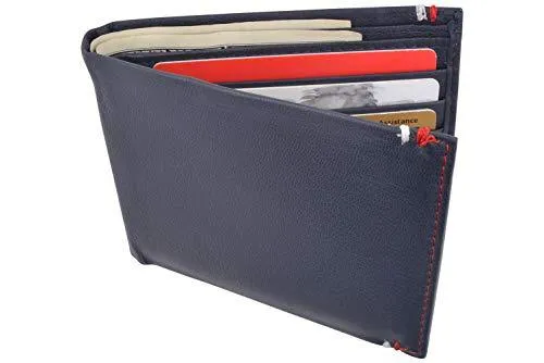 RFID Blocking Bifold Soft Genuine Leather Wallet for Men Slim Thin Design Billfold Navy Blue RFID611308