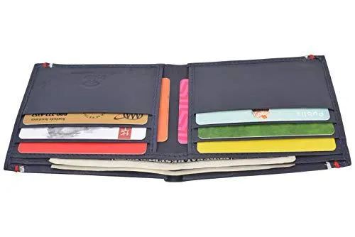 RFID Blocking Bifold Soft Genuine Leather Wallet for Men Slim Thin Design Billfold Navy Blue RFID611308