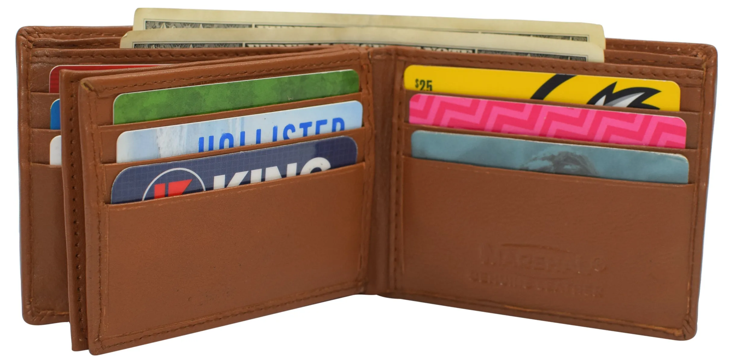 RFID Blocking Men's Bifold Leather Wallet With Double Center Flap And 3 ID Windows