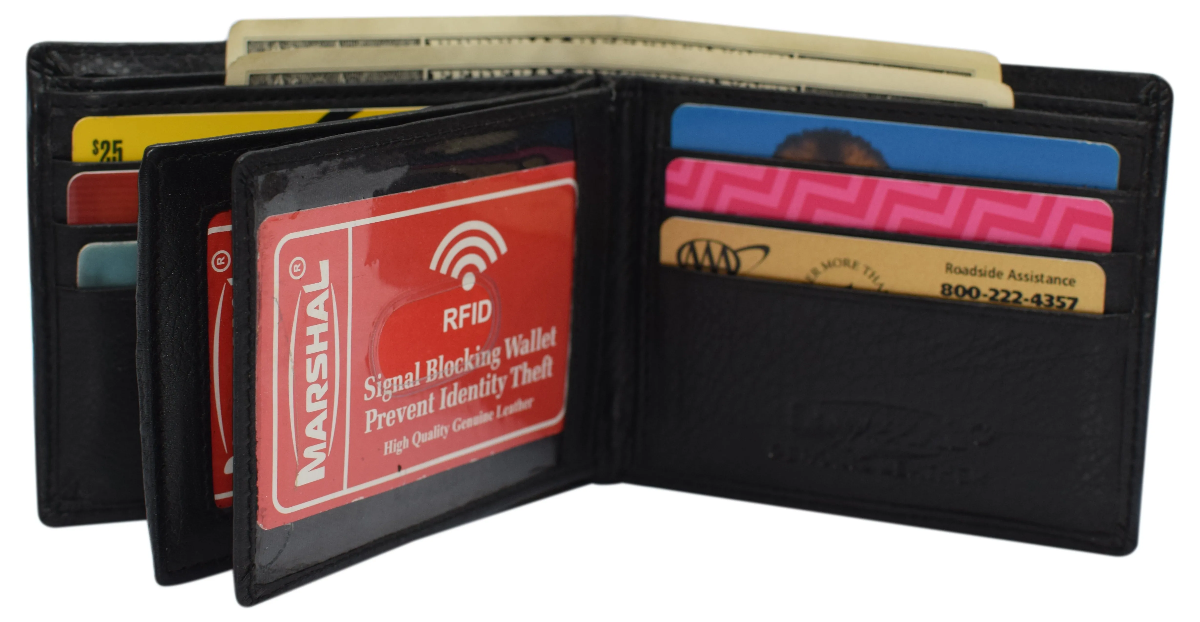 RFID Blocking Men's Bifold Leather Wallet With Double Center Flap And 3 ID Windows