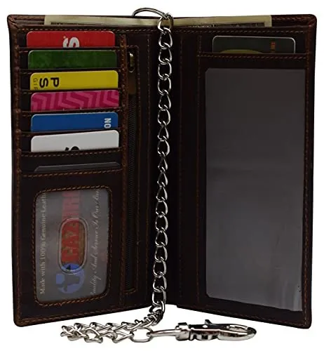 RFID Blocking Vintage Leather Slim Long Bifold Checkbook Biker Chain Wallet