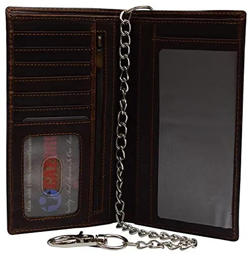 RFID Blocking Vintage Leather Slim Long Bifold Checkbook Biker Chain Wallet