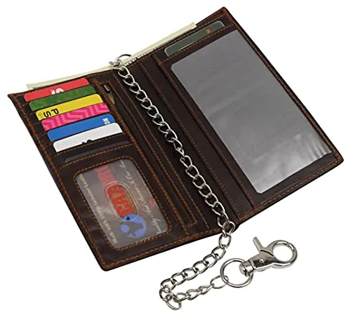 RFID Blocking Vintage Leather Slim Long Bifold Checkbook Biker Chain Wallet