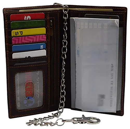 RFID Blocking Vintage Leather Slim Long Bifold Checkbook Biker Chain Wallet