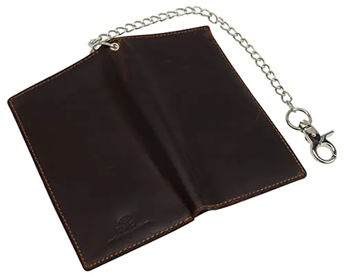 RFID Blocking Vintage Leather Slim Long Bifold Checkbook Biker Chain Wallet