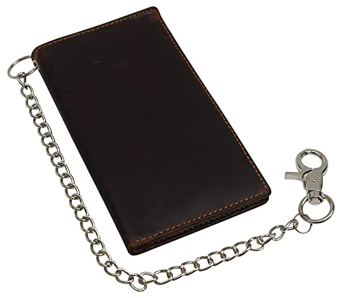 RFID Blocking Vintage Leather Slim Long Bifold Checkbook Biker Chain Wallet