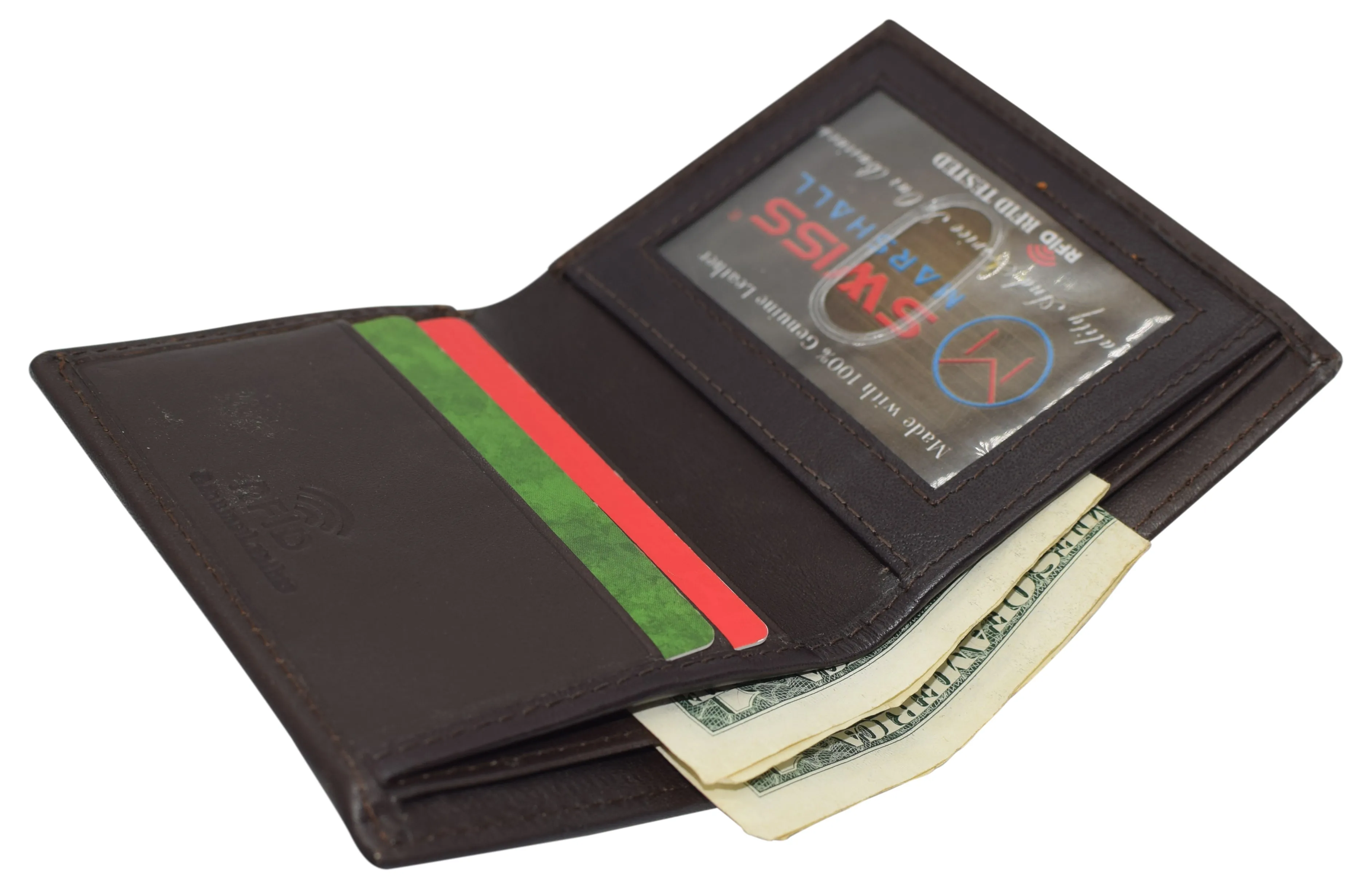 RFID510012 Slim Bifold Front Pocket Wallet 2 ID Window Credit Card Holder Genuine Leather RFID Blocking