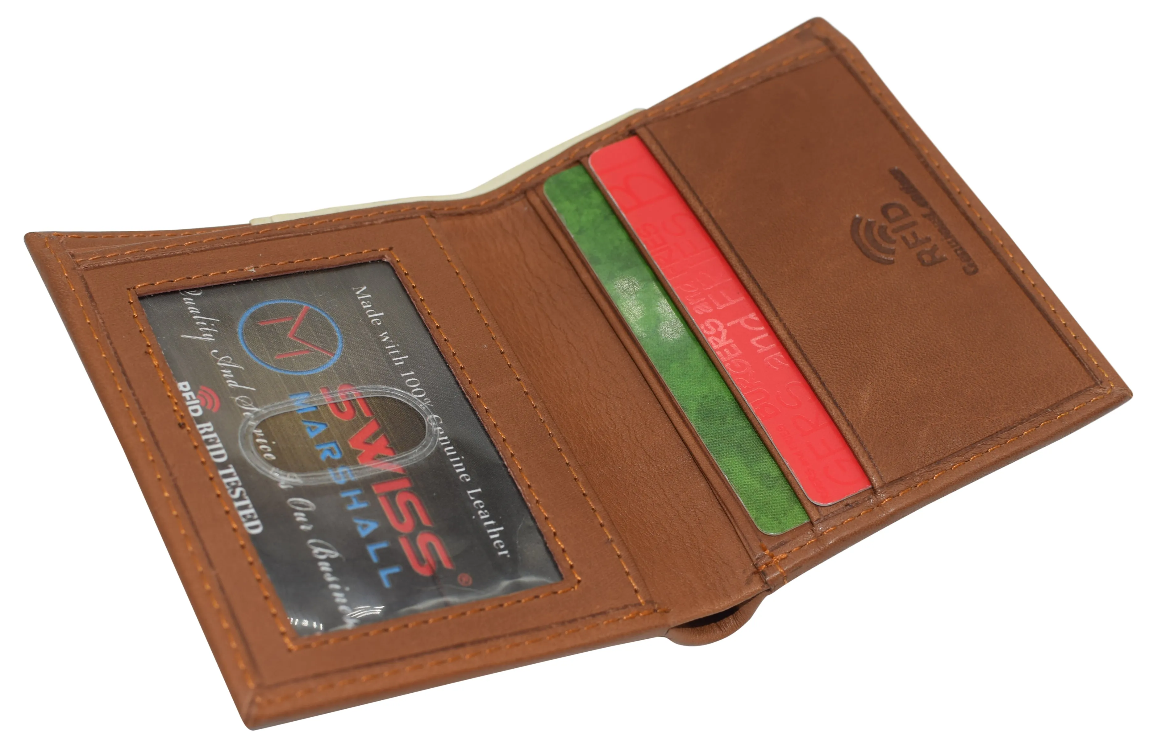 RFID510012 Slim Bifold Front Pocket Wallet 2 ID Window Credit Card Holder Genuine Leather RFID Blocking