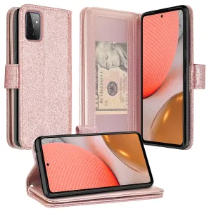 Samsung Galaxy A52 5G Case, Galaxy A52 5G Case, Glitter Faux Leather Flip Credit Card Holder Wrist Strap Shockproof Protective Wallet Case Clutch for Galaxy A52 5G - Rose Gold