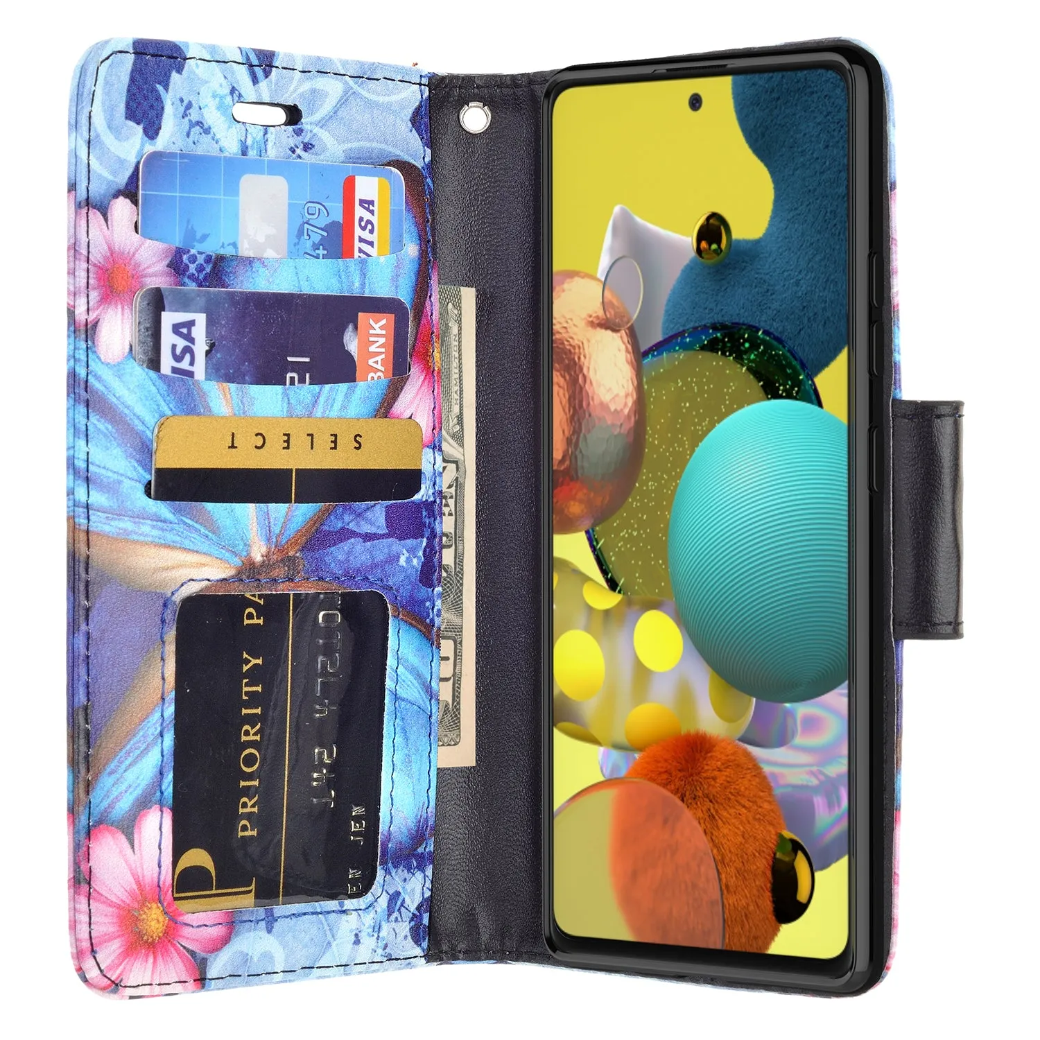 Samsung Galaxy A71 5G Case, Galaxy A71 5G Wallet Case, Wrist Strap Pu Leather Wallet Case [Kickstand] with ID & Credit Card Slots - Blue Butterfly