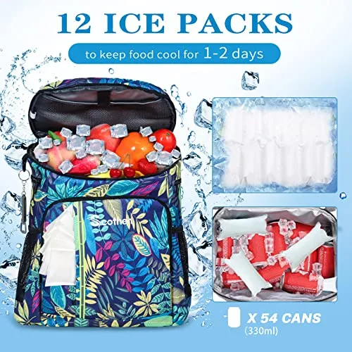 Scothen Cooler Backpack with 12 Ice Packs - Keeps 54 Cans Cold for Up to 24 Hours - Waterproof & Leak Proof Insulated Backpack Cooler -Lightweight Bookbag Cooler for Men Women Beach Hiking Camping