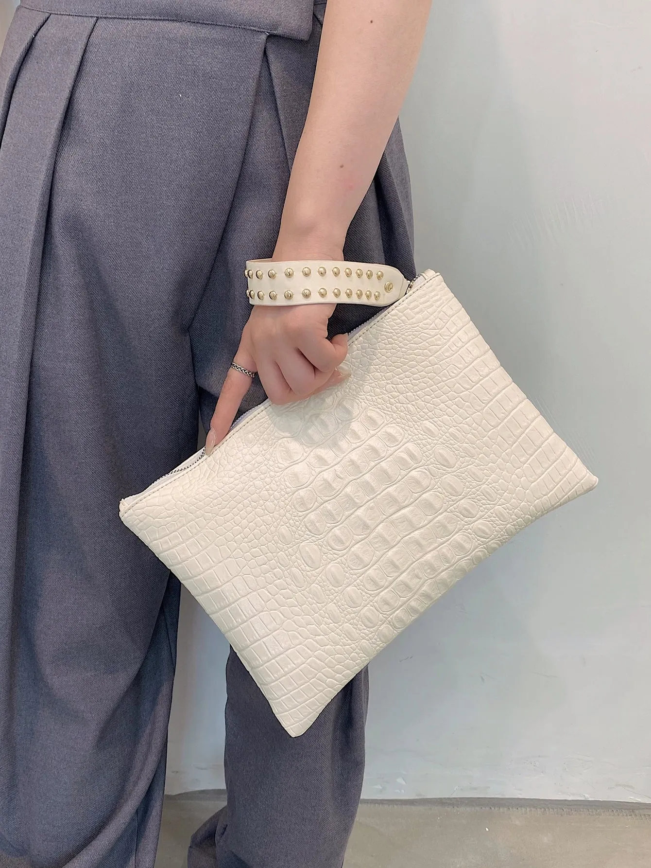 Studded Decor Croc Embossed Clutch Bag