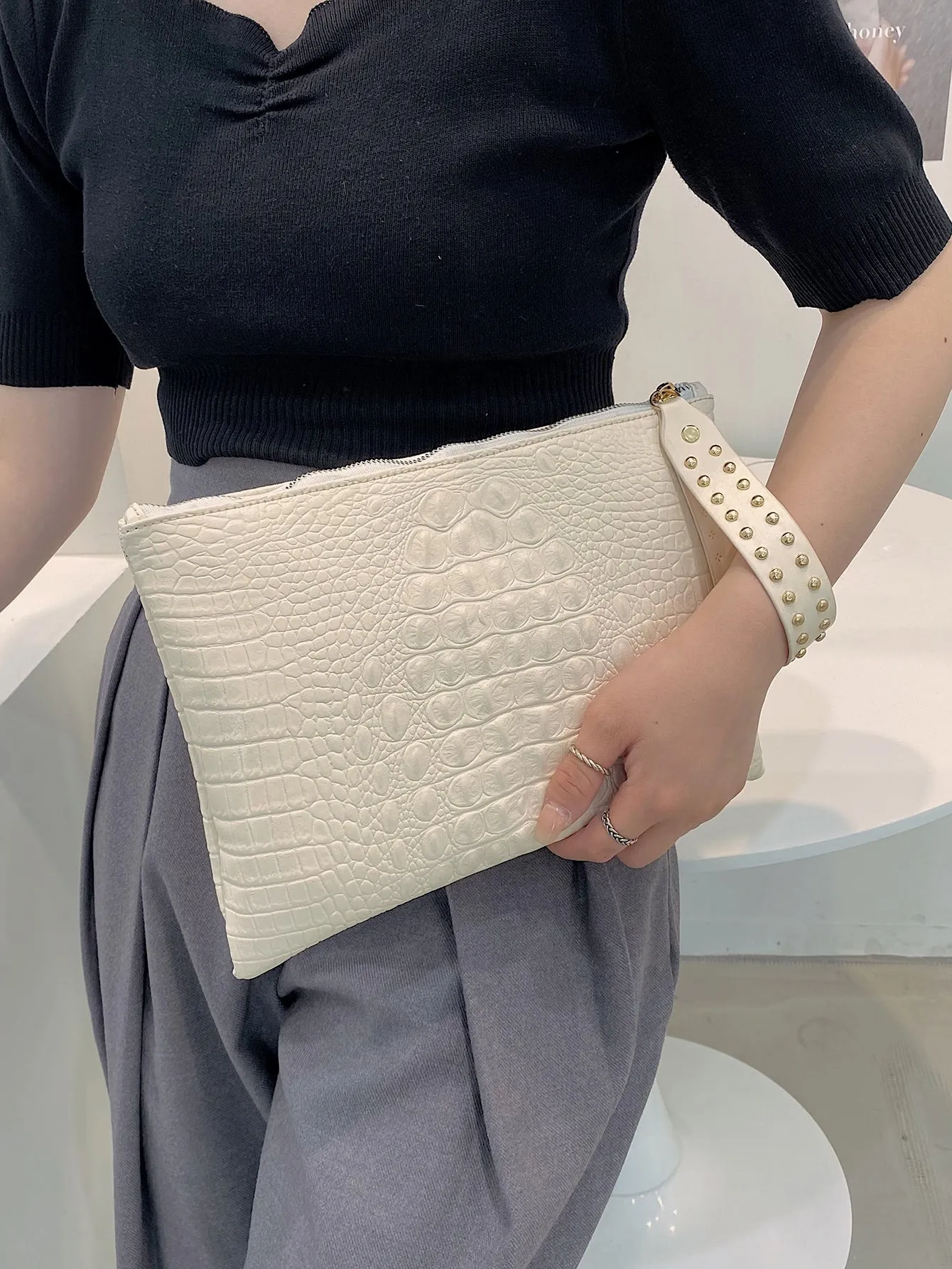 Studded Decor Croc Embossed Clutch Bag