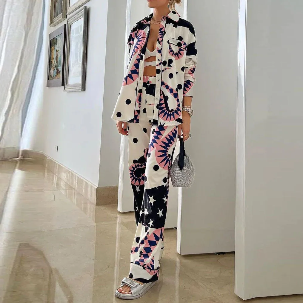 Summer Temperament Long Sleeve Shirt Wide Leg Pants Set