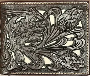 Top Notch Accessories 6013-1CF Coffee Floral Tooled With Beige Inlay Bi-Fold Wallet