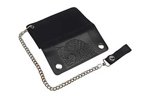 Trifold Biker's Large Wallet ID Card Holder With Chain Genuine Leather