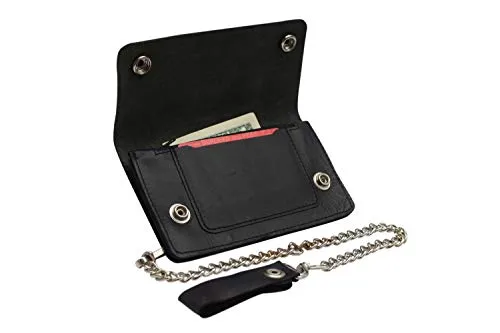 Trifold Biker's Large Wallet ID Card Holder With Chain Genuine Leather