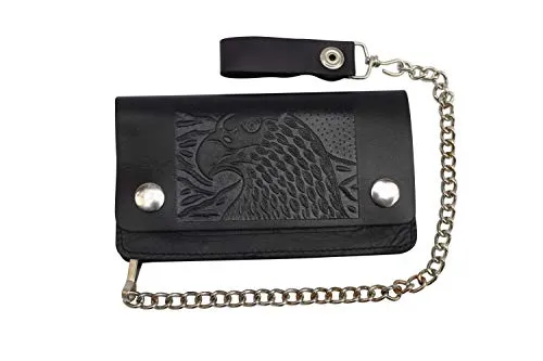 Trifold Biker's Large Wallet ID Card Holder With Chain Genuine Leather