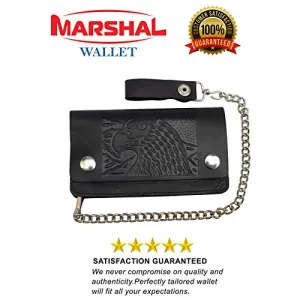 Trifold Biker's Large Wallet ID Card Holder With Chain Genuine Leather