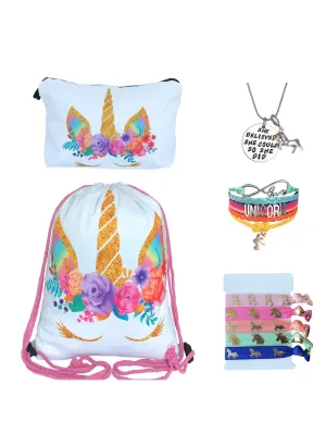 Unicorn Gifts for Girls - Unicorn Drawstring Backpack/Makeup Bag/Bracelet/Inspirational Necklace/Hair Ties (White Rose)