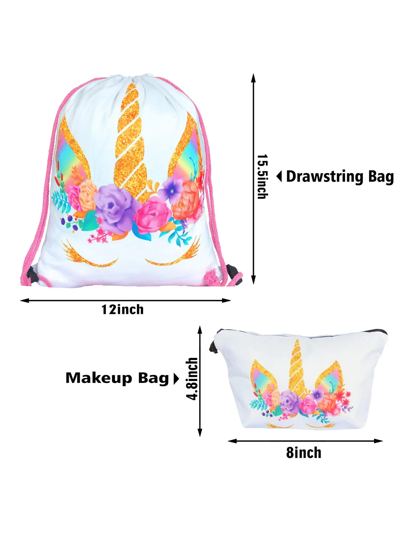 Unicorn Gifts for Girls - Unicorn Drawstring Backpack/Makeup Bag/Bracelet/Inspirational Necklace/Hair Ties (White Rose)