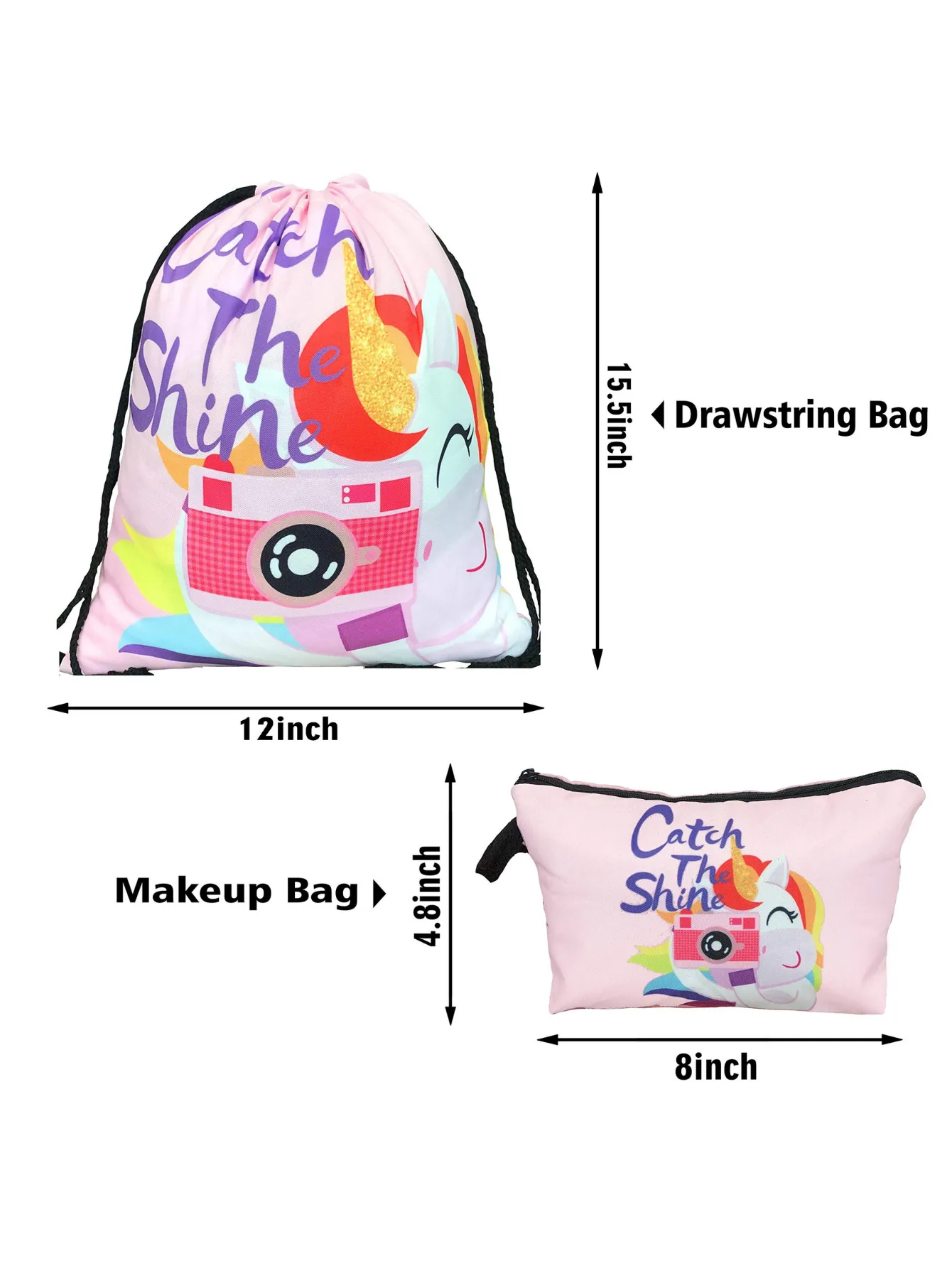 Unicorn Gifts for Girls - Unicorn Drawstring Backpack/Makeup Bag/Bracelet/Necklace/Hair Ties/Keychain/Sticker (Catch the Shine 3)