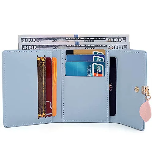 UTO Small Wallet for Women PU Leather Leaf Pendant Card Holder Organizer Coin Cute Purse Light Blue