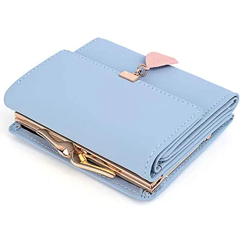 UTO Small Wallet for Women PU Leather Leaf Pendant Card Holder Organizer Coin Cute Purse Light Blue