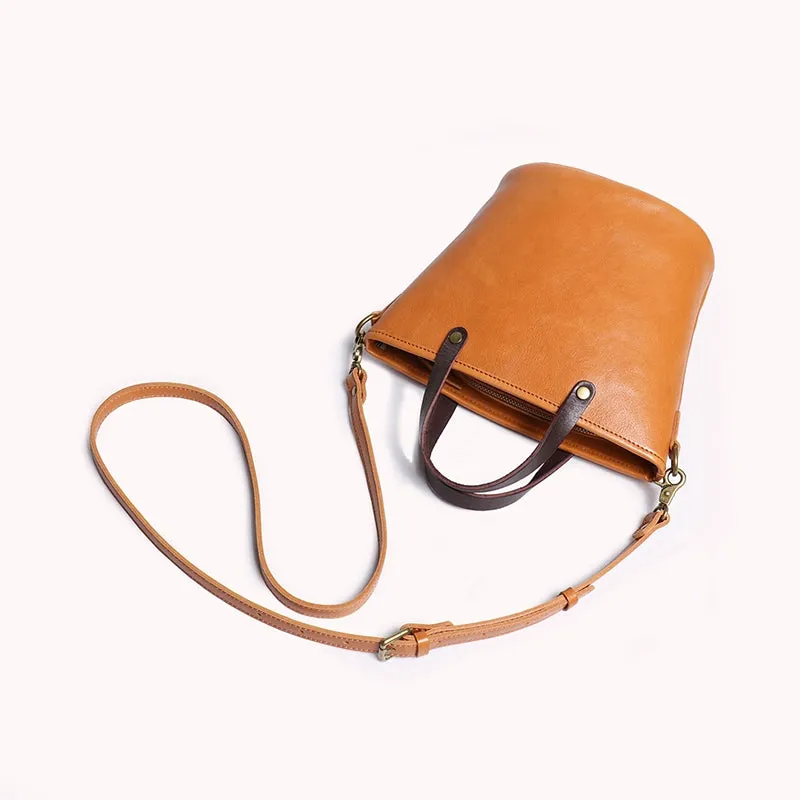 Vegetable Tanned Leather Crossbody Bucket Bag