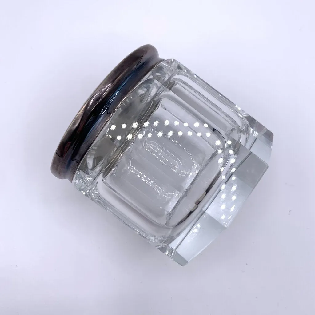 Vintage PLATA LAPPAS Signed & Hand-cut Crystal Vanity/Dresser Jar with Silverplate Lid /hgo