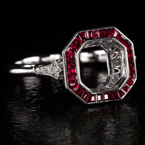 VINTAGE STYLE RUBY DIAMOND ENGAGEMENT RING SETTING CUT RADIANT 7.5MM ART DECO