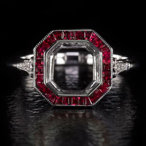 VINTAGE STYLE RUBY DIAMOND ENGAGEMENT RING SETTING CUT RADIANT 7.5MM ART DECO