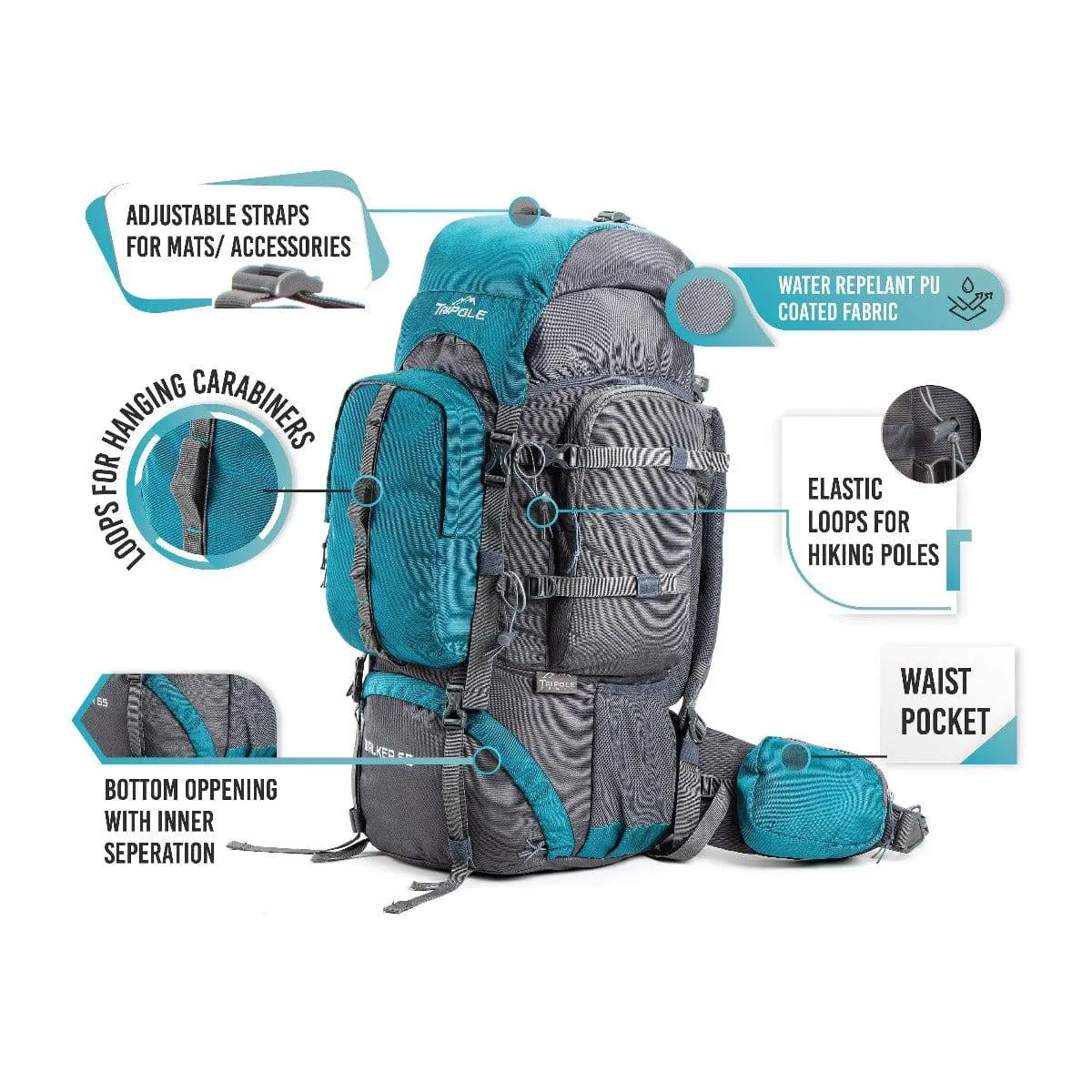 Walker Trekking and Backpacking Rucksack - 65 Litre - Grey & Sea Green