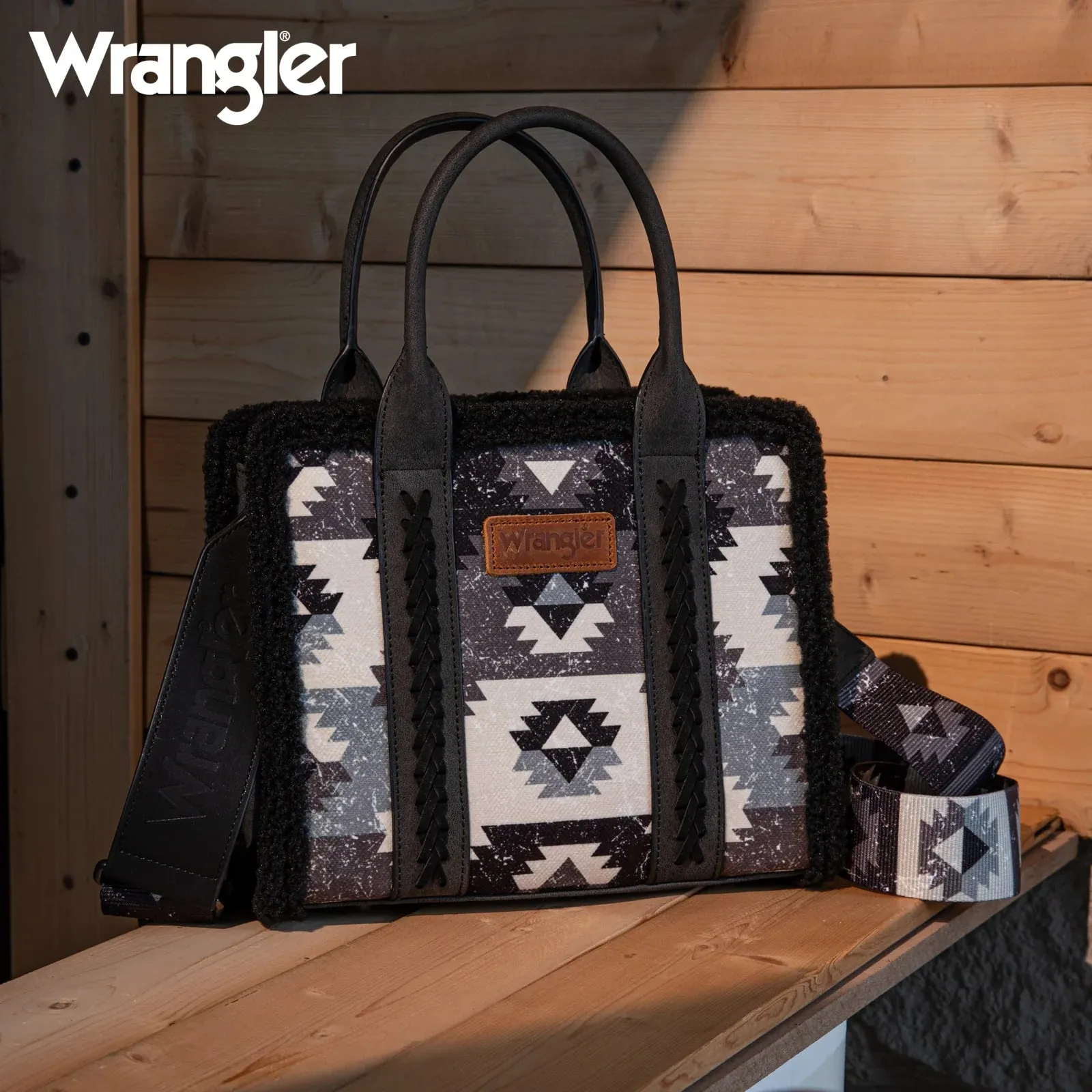 WG166-8120S Wrangler Sherpa Southwestern Print Small Canvas Tote/Crossbody Black