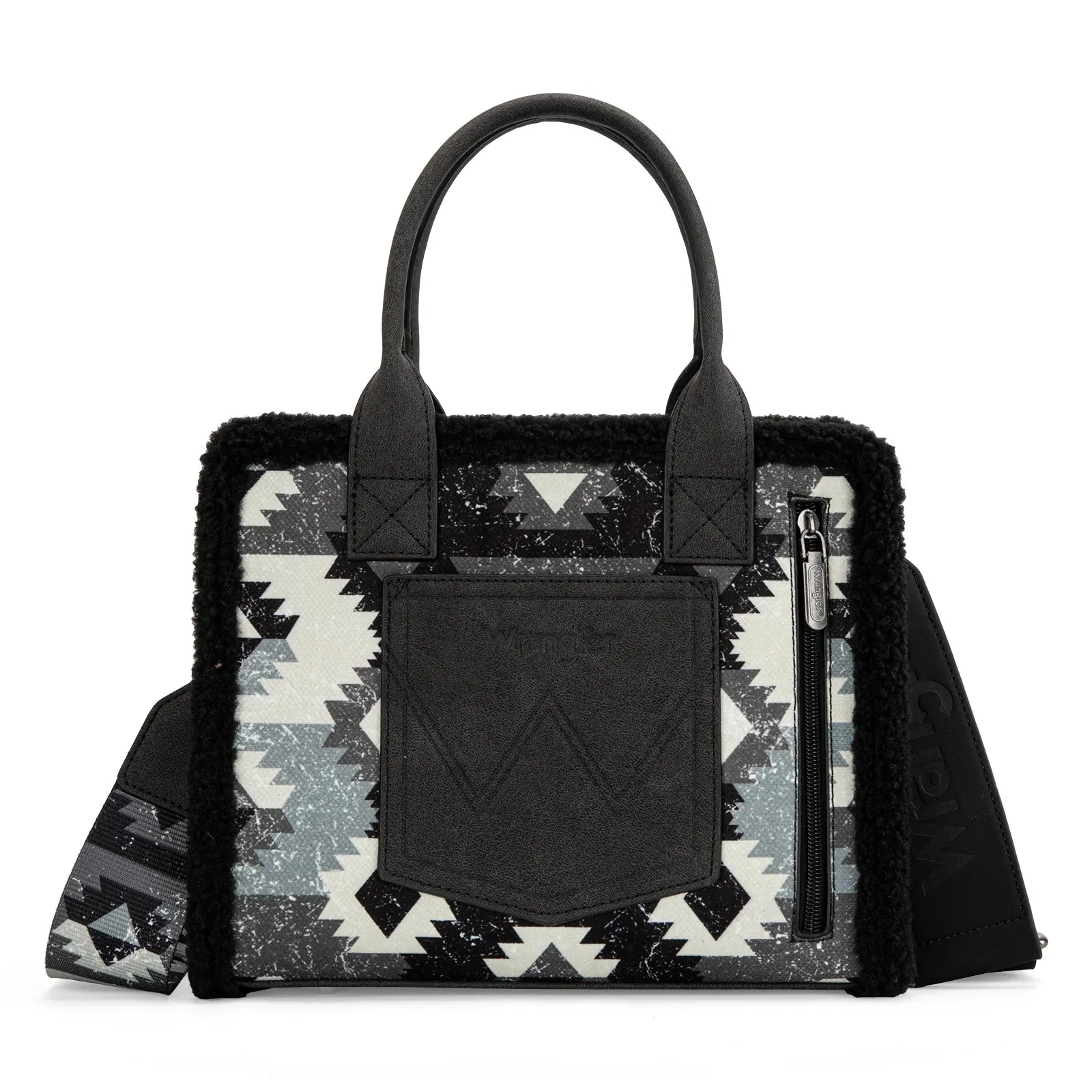 WG166-8120S Wrangler Sherpa Southwestern Print Small Canvas Tote/Crossbody Black