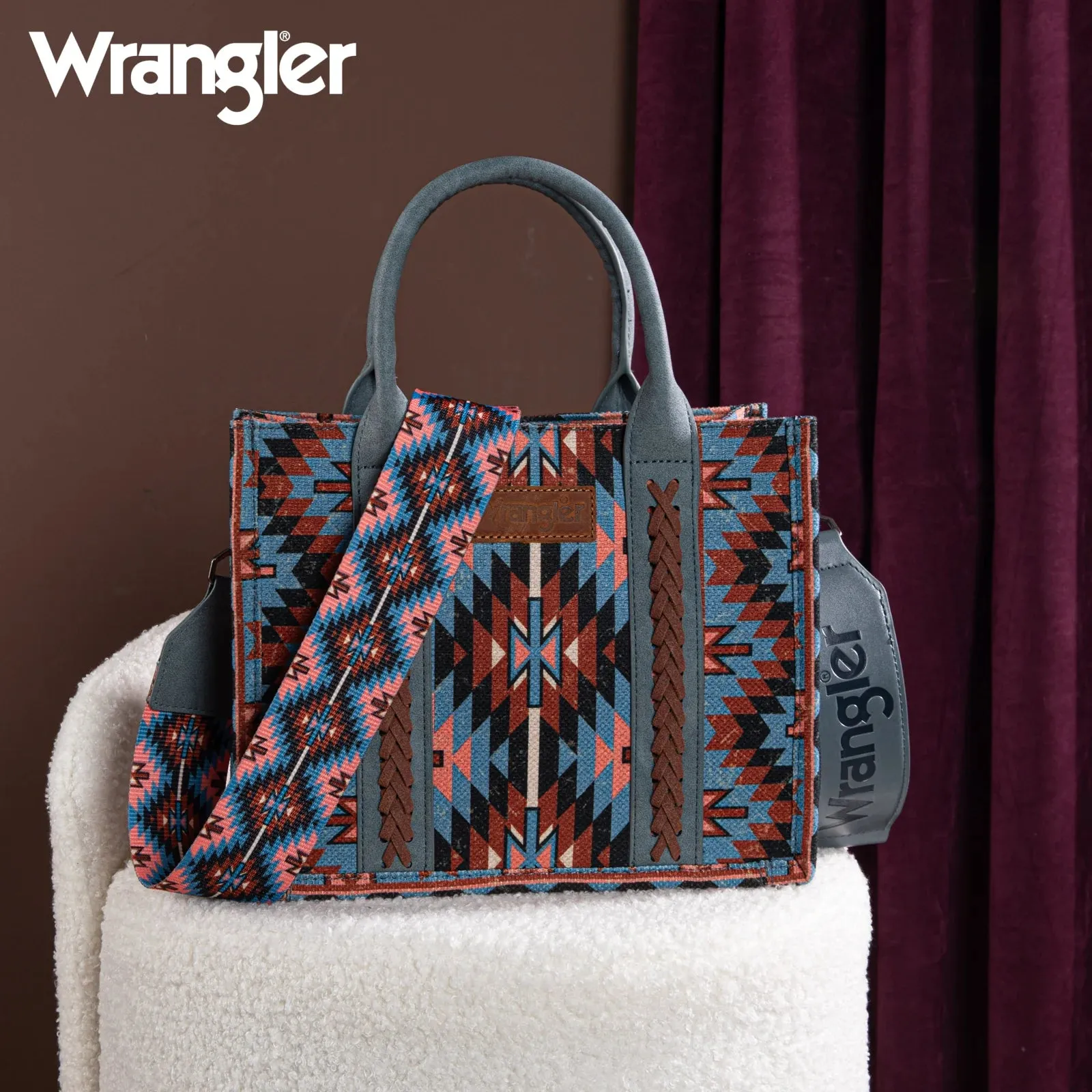 WG2213-8120S Wrangler Southwestern Pattern Dual Sided Print -Tote/Crossbody -NAVY