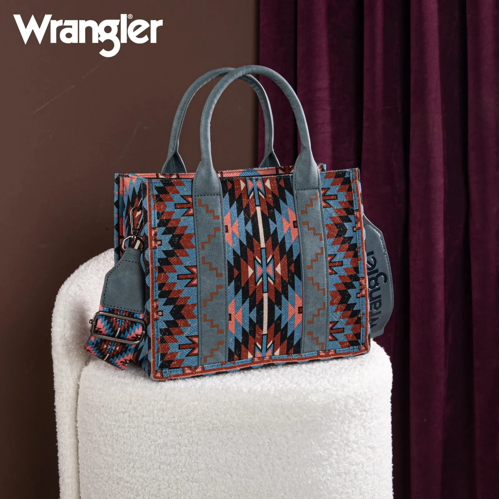 WG2213-8120S Wrangler Southwestern Pattern Dual Sided Print -Tote/Crossbody -NAVY