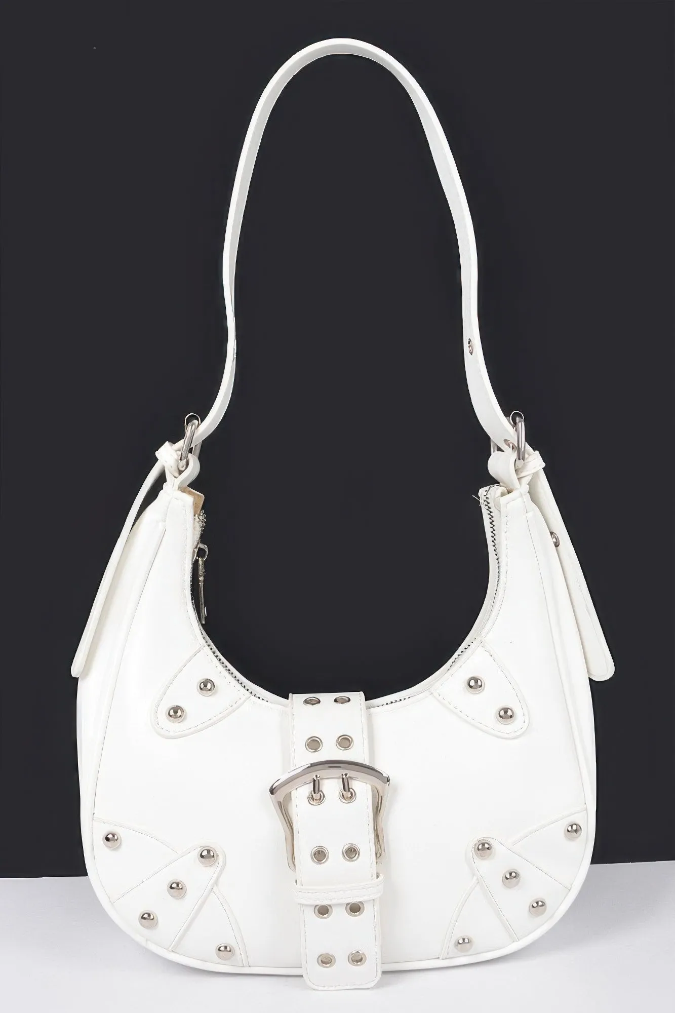 White Faux Leather Studded Single Buckle Shoulder Bag