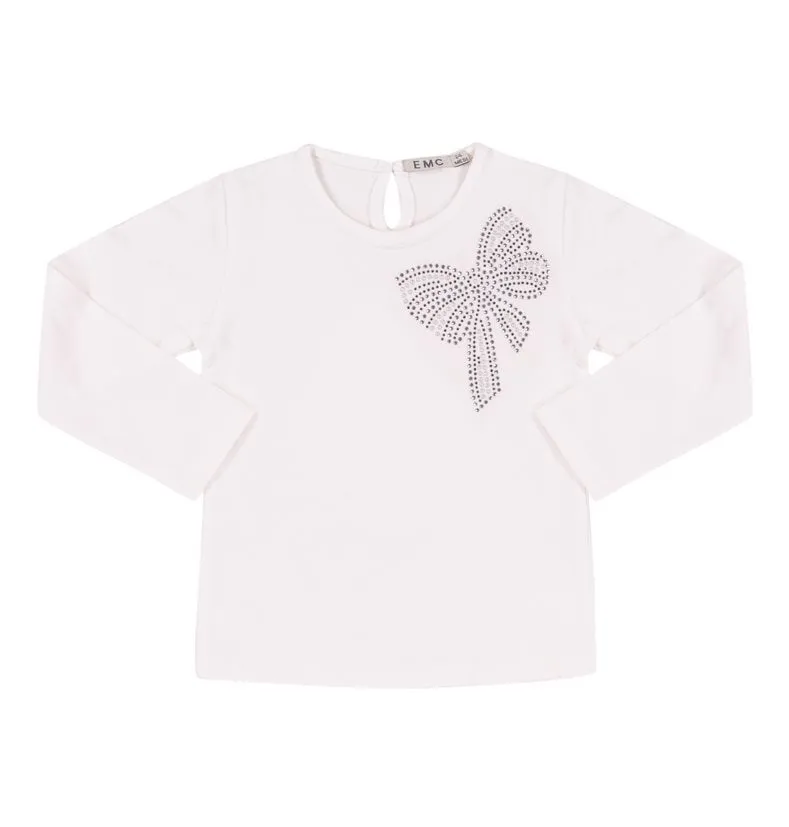 White LS Top w/Rhinestone Bow