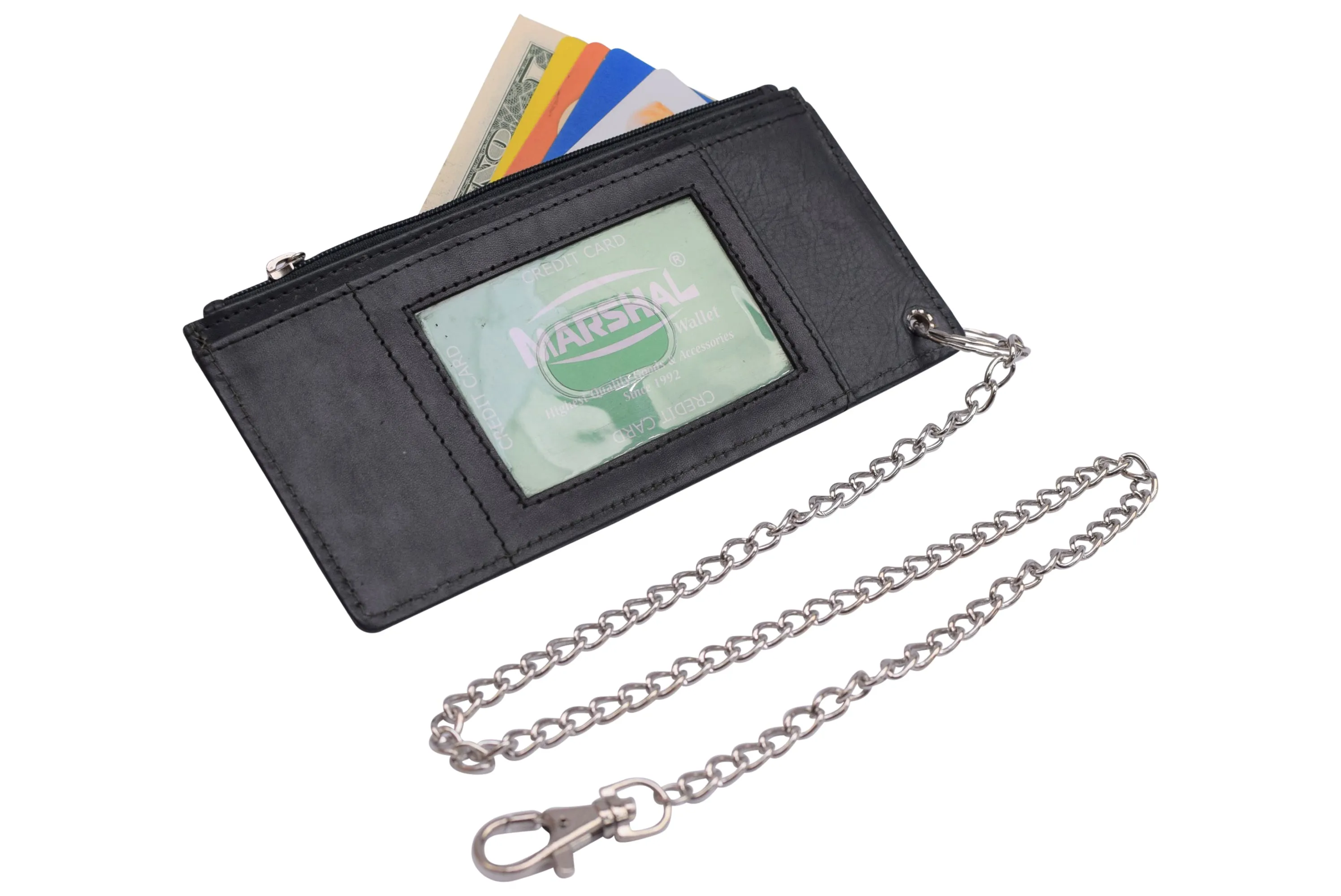 Women's Card Case Holder Slim Wallet with Chain & Card Protection Strap Genuine Leather